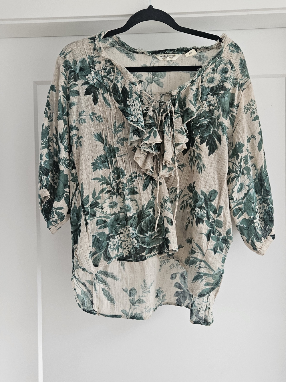 Denim & Supply Ralph Lauren Cream Blouse with Green Floral Ruffle Tie Sz Small